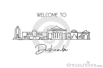 One single line drawing of Dushanbe city skyline, Tajikistan. World historical town landscape. Best holiday destination postcard. Vector Illustration