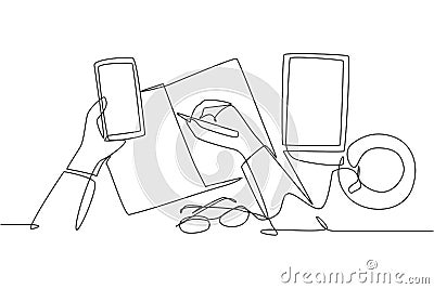 One single line drawing of finger hand touch the smartphone screen with glasses, book, tablet and a cup of coffee on work desk. Cartoon Illustration