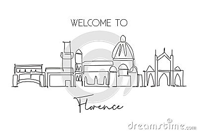 One single line drawing of Florence city skyline, Italy. Historical skyscraper landscape in world. Best holiday destination wall Cartoon Illustration