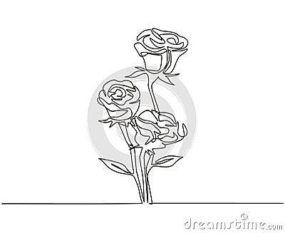 One single line drawing of fresh beautiful rose flowers romantic bouquet. Greeting card, invitation, logo, banner, poster concept Vector Illustration
