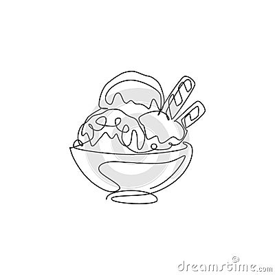 One single line drawing of fresh delicious ice cream cup with wafer stick and wafer roll vector illustration. Dessert menu Cartoon Illustration
