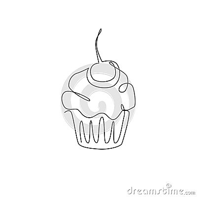 One single line drawing of fresh muffin with cherry cake online shop logo vector illustration. Sweet pastry cafe menu and Vector Illustration