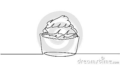 One single line drawing of fresh sweet muffin cake online shop logo vector illustration. Delicious pastry shop menu and restaurant Cartoon Illustration