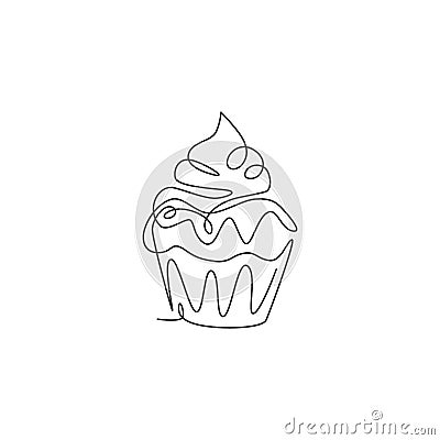 One single line drawing of fresh sweet muffin cake online shop logo vector illustration. Delicious pastry shop menu and restaurant Vector Illustration