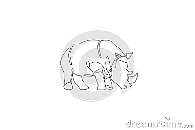 One single line drawing of giant African rhinoceros graphic vector illustration. Protected species national park conservation. Vector Illustration