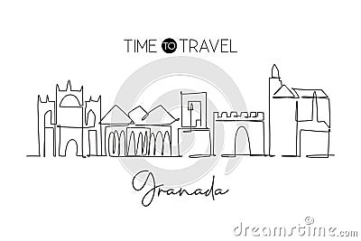 One single line drawing of Granada city skyline, Spain. Historical landscape in world postcard. Best holiday destination wall Vector Illustration