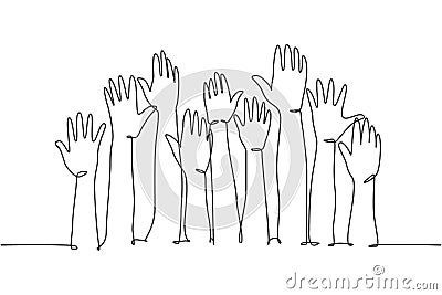 One single line drawing of group of people open up and raising their hands up into the air. Business team work concept. Modern Vector Illustration