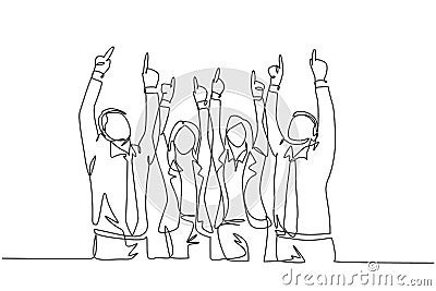 One single line drawing group of young happy male and female workers pointing and raise finger to the sky. Business teamwork Vector Illustration