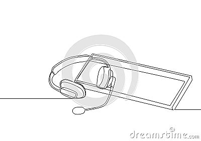 One single line drawing of headphone with microphone and keyboard on the work desk as customer service care equipment tools Vector Illustration
