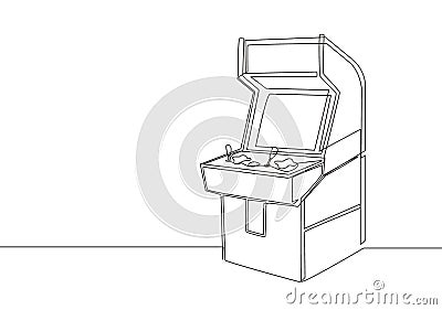 One single line drawing of old retro classic arcade video game machine at game center. Vintage coin based console game concept Vector Illustration