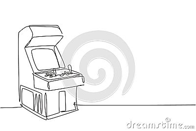 One single line drawing of old retro classic arcade video game machine at game center. Vintage coin based console game concept Vector Illustration