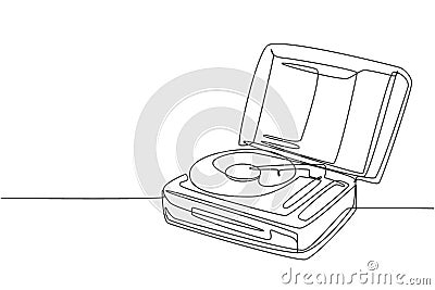 One single line drawing of retro old classic portable music turntable vinyl disc jockey. Vintage analog audio player item concept Vector Illustration