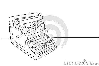 One single line drawing of retro old classic typewriter set from side view. Vintage office item concept continuous line draw Vector Illustration