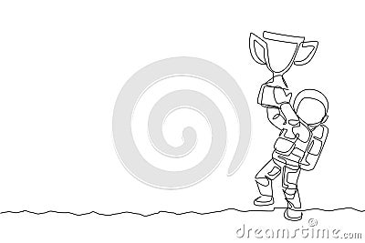 One single line drawing of spaceman astronaut holding winning trophy in cosmic galaxy vector illustration. Healthy outer space Vector Illustration