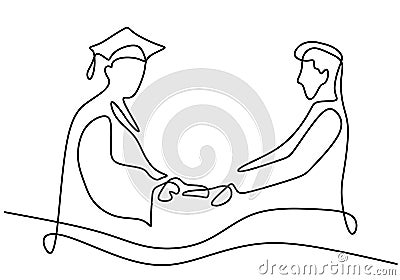 One single line drawing of a student graduate with lecturer isolated on white background. A lecturer gives diplomas to the Vector Illustration