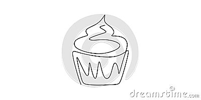 One single line drawing of sweet muffin cake. Delicious cupcake shop menu and restaurant badge concept. Sweet pastry online shop Vector Illustration