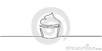 One single line drawing of sweet muffin cake. Delicious cupcake shop menu and restaurant badge concept. Sweet pastry online shop Vector Illustration