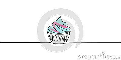 One single line drawing of sweet muffin cake. Delicious cupcake shop menu and restaurant badge concept. Sweet pastry online shop Vector Illustration