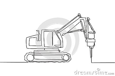 One single line drawing of truck driller for soil earth drilling vector illustration, commercial vehicle. Heavy digger machine Cartoon Illustration