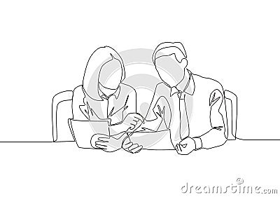 One single line drawing of two young male and female worker holding a paper and discussing about work together at the office Cartoon Illustration