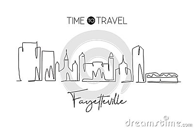 One single line drawing visit Fayetteville city skyline, North Carolina. World beauty town landscape. Best holiday destination. Vector Illustration