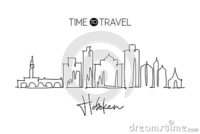 One single line drawing visit Hoboken city skyline, New Jersey. World beauty town landscape. Best holiday destination. Editable Vector Illustration