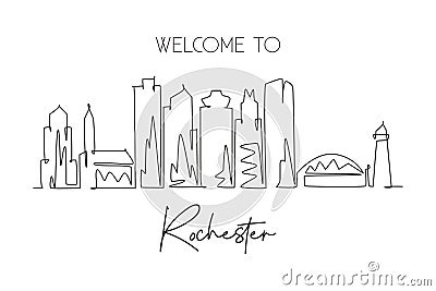 One single line drawing visit Rochester city skyline, New York State. World beauty town landscape art. Best holiday destination. Vector Illustration