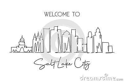 One single line drawing visit Salt Lake City skyline, Utah. World beauty town landscape art. Best holiday destination postcard. Vector Illustration