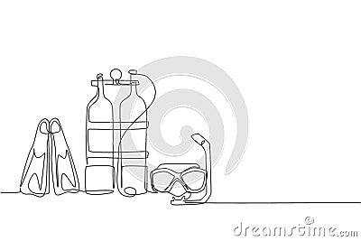 One single line drawing of wetsuit, swimsuit, regulator, oxygen, mask, snorkel goggle and fins vector illustration. Healthy sport Vector Illustration
