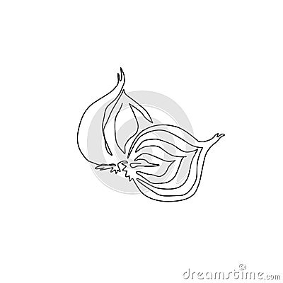 One single line drawing whole and sliced healthy organic bulb onion for farm logo identity. Fresh common onion concept vegetable Vector Illustration