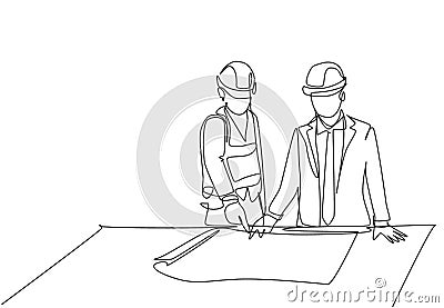 One single line drawing of young architect explaining sketch construction design to the manager. Building architecture business Cartoon Illustration