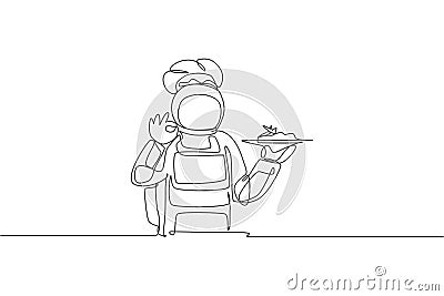 One single line drawing of young astronaut giving okay hand gesture for tasty food, cafe restaurant vector illustration. Delicious Vector Illustration