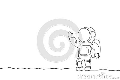 One single line drawing of young astronaut in spacesuit flying at outer space vector graphic illustration. Spaceman adventure Vector Illustration