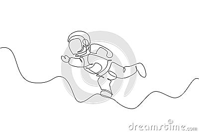 One single line drawing of young astronaut in spacesuit flying at outer space vector graphic illustration. Spaceman adventure Vector Illustration