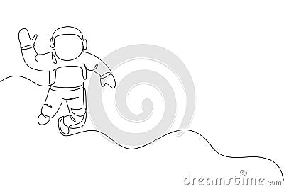 One single line drawing of young astronaut in spacesuit flying at outer space vector illustration. Spaceman adventure galactic Vector Illustration