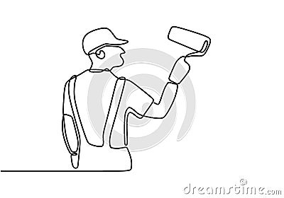 One single line drawing of young attractive handyman painting house wall using paint roller. Painter wall renovation service Vector Illustration