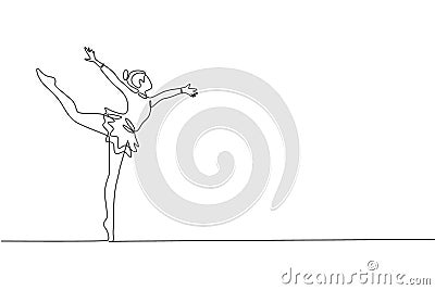 One single line drawing of young beauty gymnast girl exercise floor rhythmic gymnastic at gym vector illustration. Healthy athlete Cartoon Illustration