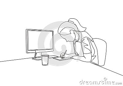 One single line drawing of young busy female worker writing draft business contract seriously at work desk in front of computer Vector Illustration