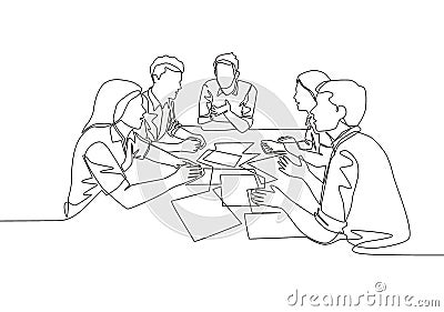 One single line drawing of young company founders brainstorming innovation ideas in a business meeting with colleagues Vector Illustration