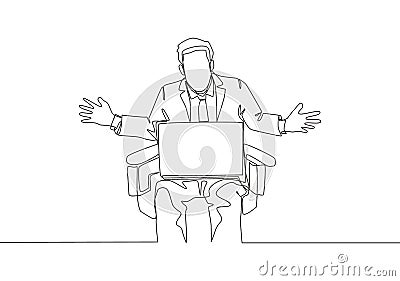 One single line drawing of young confused businessman sitting on the chair and watching bad sales performance data on his laptop Cartoon Illustration