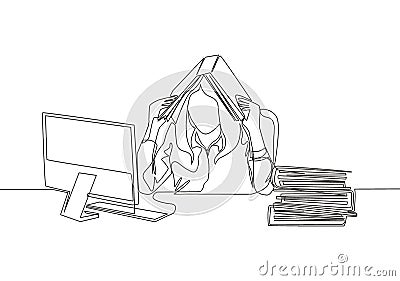 One single line drawing of young depression female employee sitting in front of computer and stack of papers and covered her head Vector Illustration