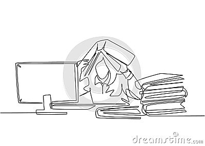 One single line drawing of young depression female employee sitting in front of computer and stack of papers and covered her head Vector Illustration