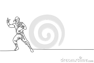 One single line drawing of young energetic Japanese traditional ninja holding star shuriken on attack pose vector illustration. Vector Illustration