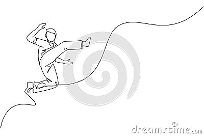 One single line drawing of young energetic man capoeira dancer perform dancing fight vector graphic illustration. Traditional Vector Illustration