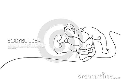 One single line drawing of young energetic model man bodybuilder posed vector illustration. Healthy workout concept. Modern Cartoon Illustration