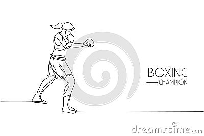 One single line drawing of young energetic woman boxer practicing punch at sport gym vector illustration. Sport combative training Cartoon Illustration
