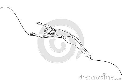 One single line drawing of young energetic woman jumping and falling somersault down to the pool for diving vector illustration. Vector Illustration