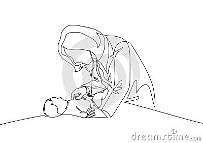 One single line drawing of young female pediatric doctor examining baby health condition and check the heart beat. Medical health Cartoon Illustration