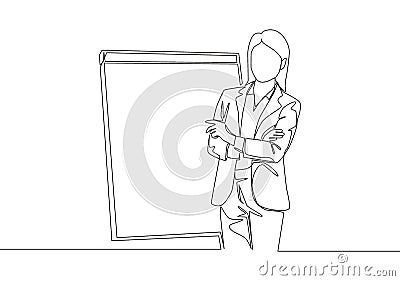 One single line drawing of young female presenter thinking while doing presentation at the office during meeting Cartoon Illustration