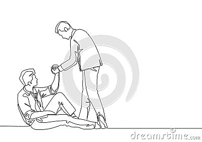 One single line drawing of young happy business man helping his bankrupt partner who lay down on the ground to support to rise up Vector Illustration